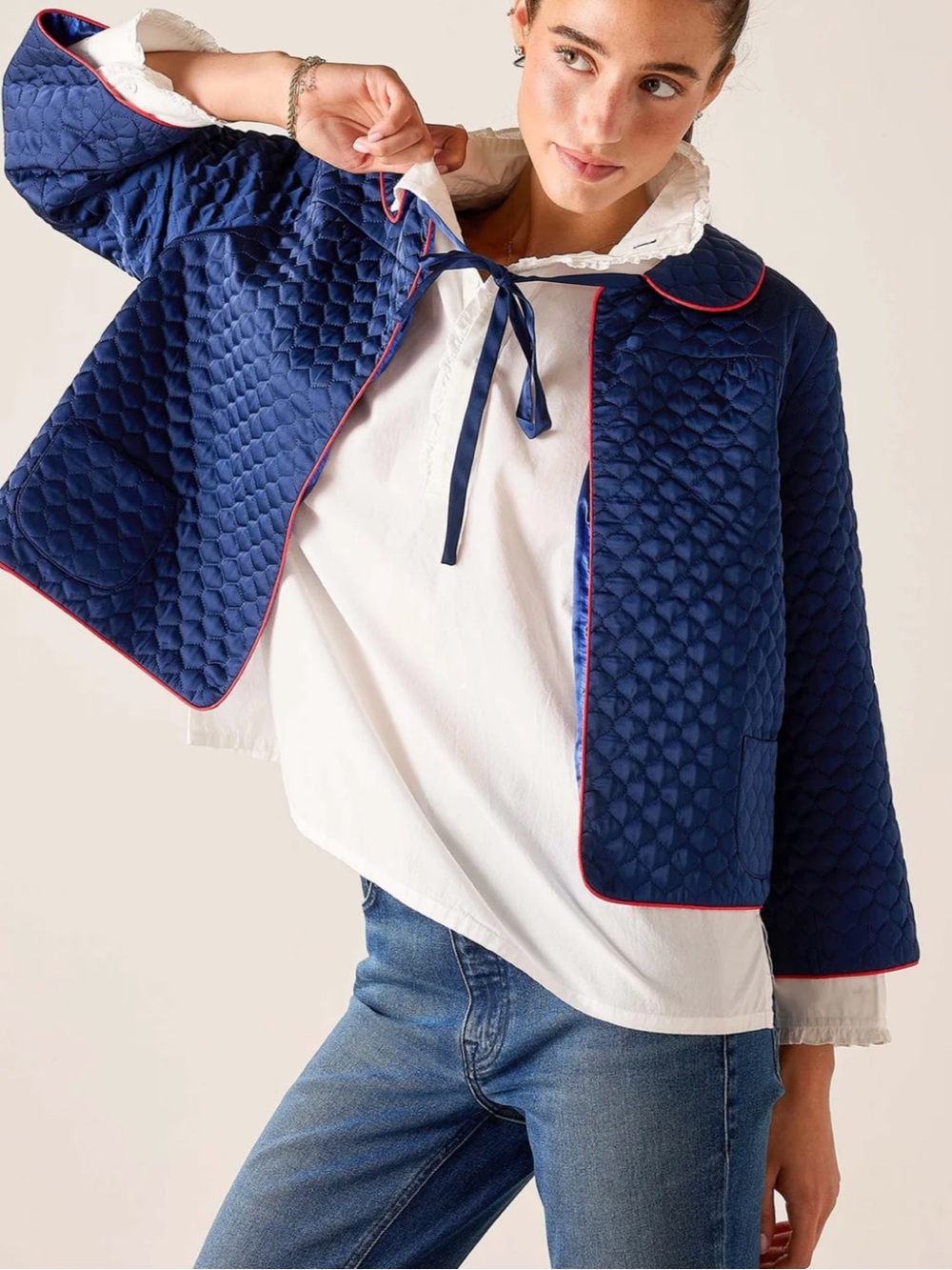 Mersea x Selma Blair Navy Quilted Cropped Jacket with Red Piping